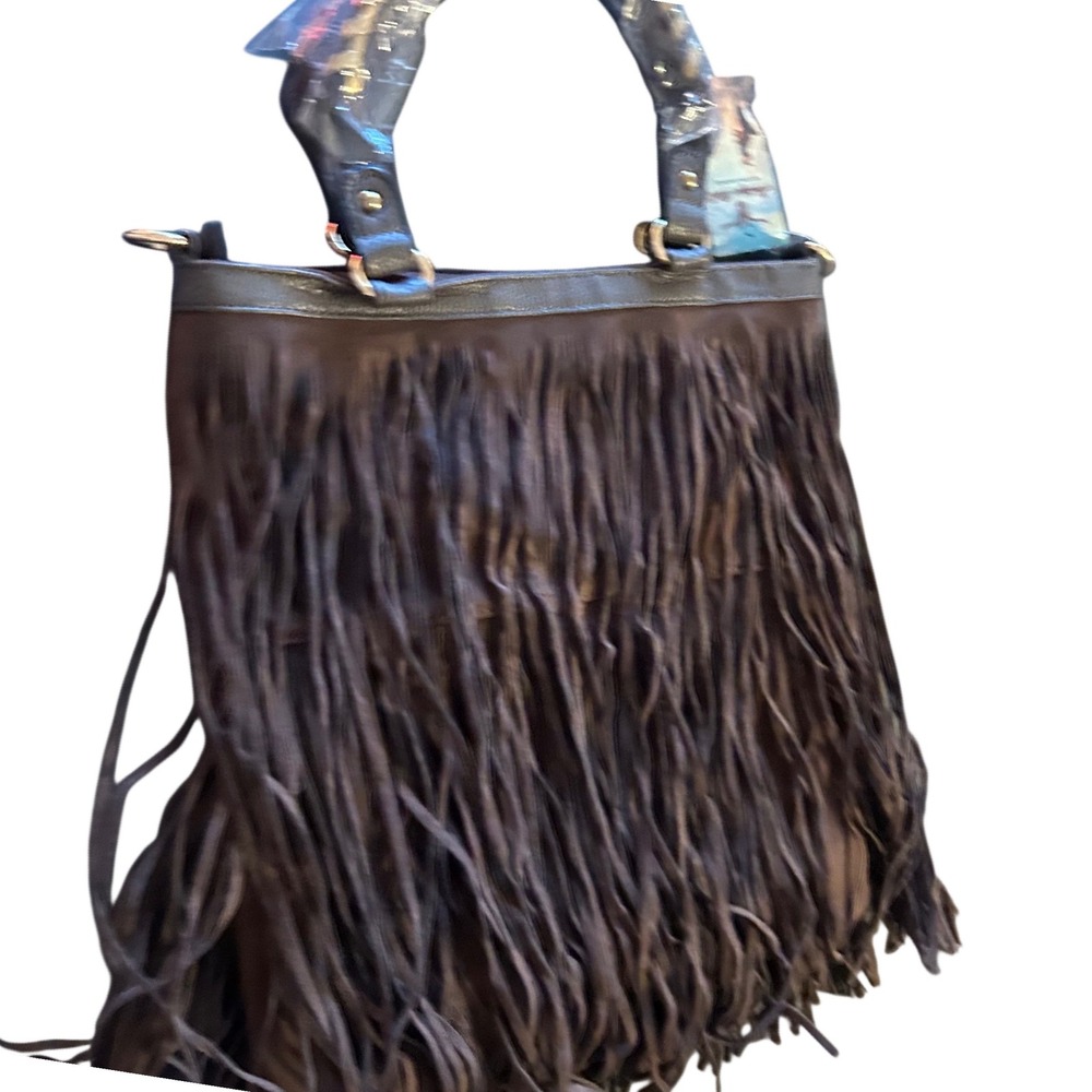 Fringed Brown Tote Bag with Patterned Handles